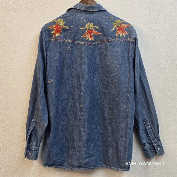 Sunbelt Sportswear Painted Lady Designs Chili Pepper Denim Western Shirt Mens M - Picture 8 of 10